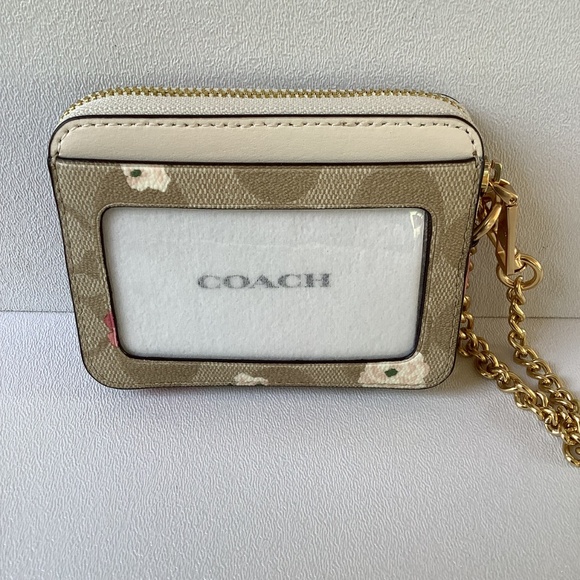 COACH Khaki Signature & Leather Floral Print Zip Card Case CR971 BNWT - Picture 3 of 5